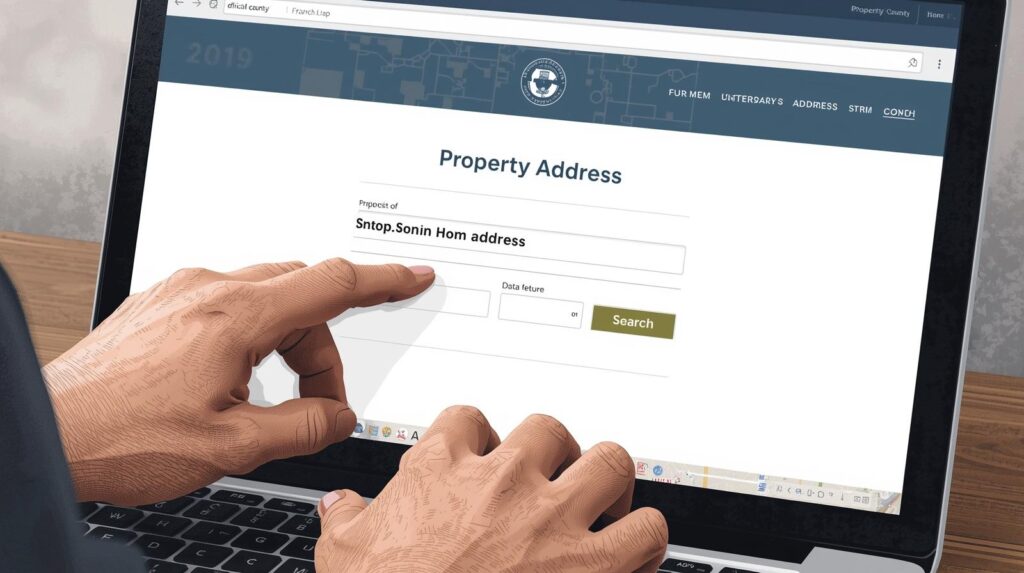 "Property address search with house icon and location pin."