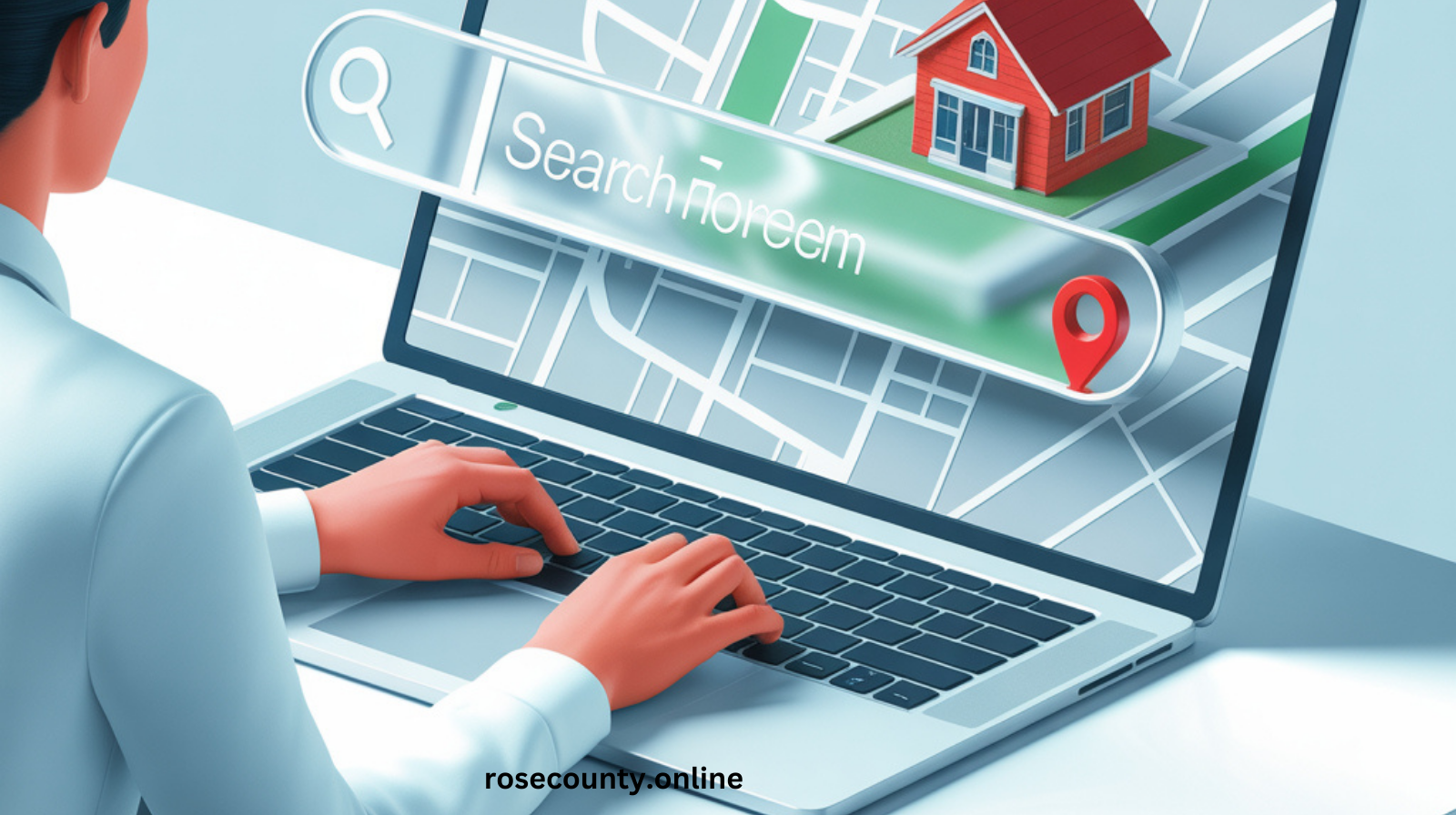 "Online property search on laptop with map pin"