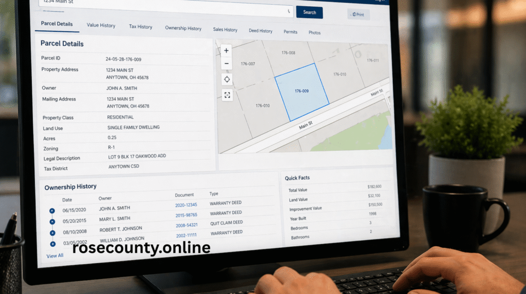 “Online property ownership search screen”